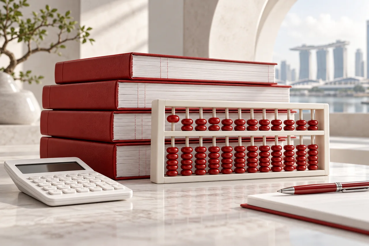 Accounting ledgers, calculator and abacus
