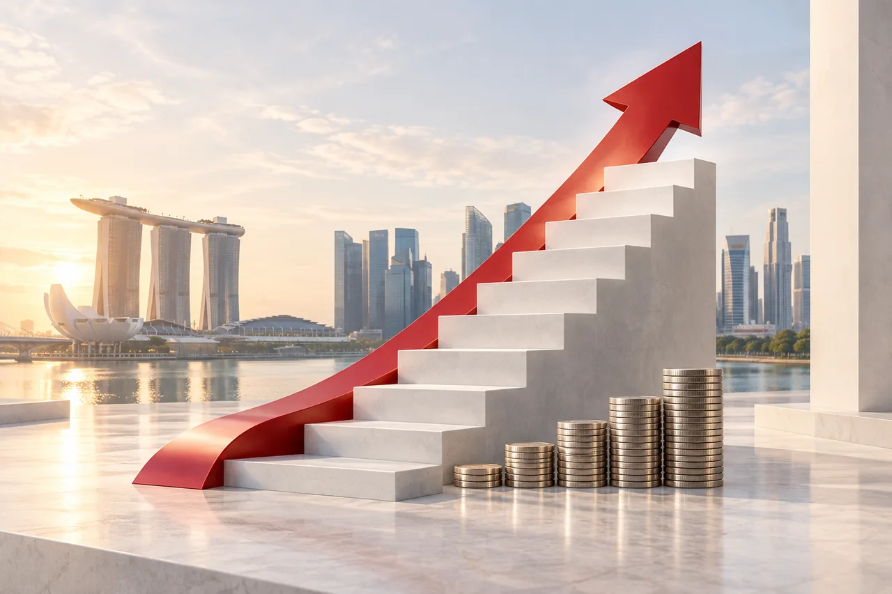 Financing staircase, upward arrow and coins