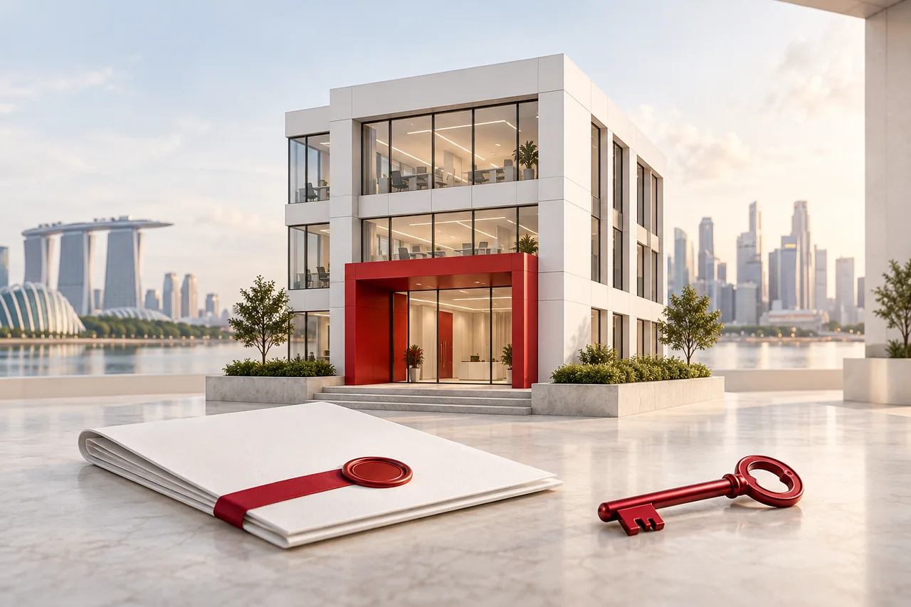 A company building, incorporation documents and a red key