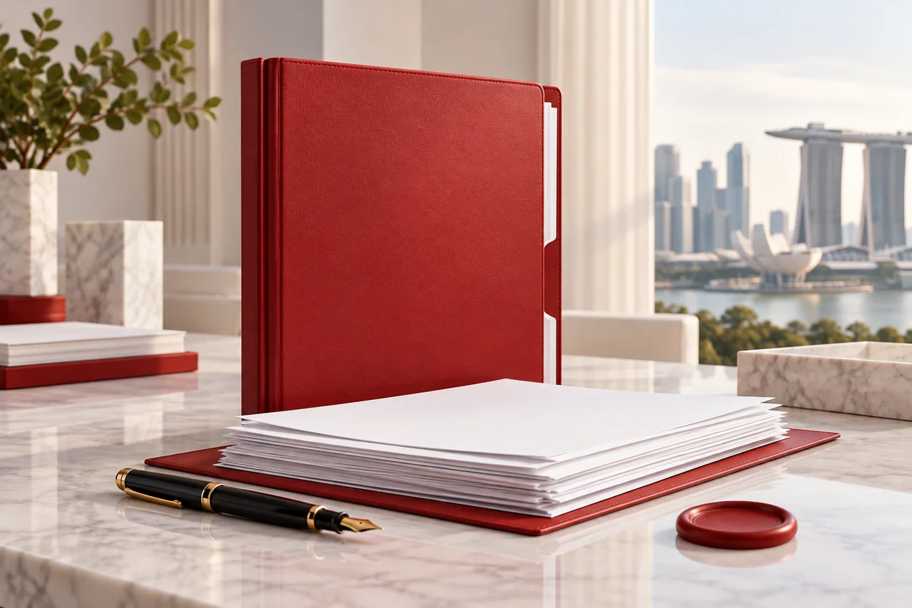 Corporate record folder, documents and fountain pen
