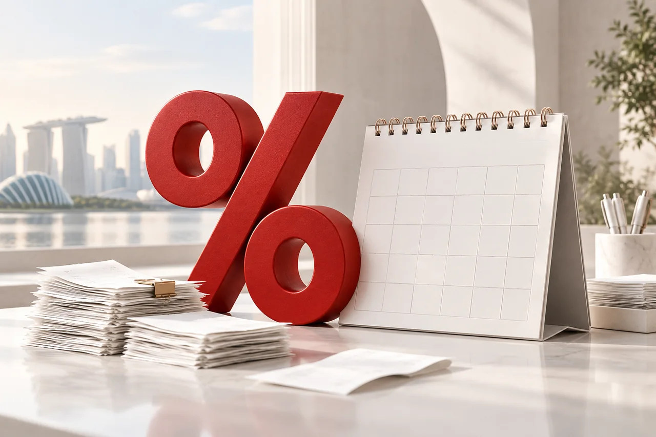 Tax calendar, receipts and a red percentage symbol